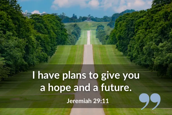 Picture of a path and avenue of trees, with text: i have plans to give you a hope and a future, Jeremiah 29:11