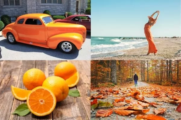 Picture of orange car, lady in orange dress, oranges, orange leaves