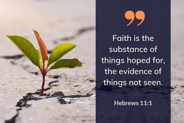 Picture of shoot breaking through dry ground, with text: Faith is the substance of things hoped for, the evidence of things not seen. Hebrews 11:1
